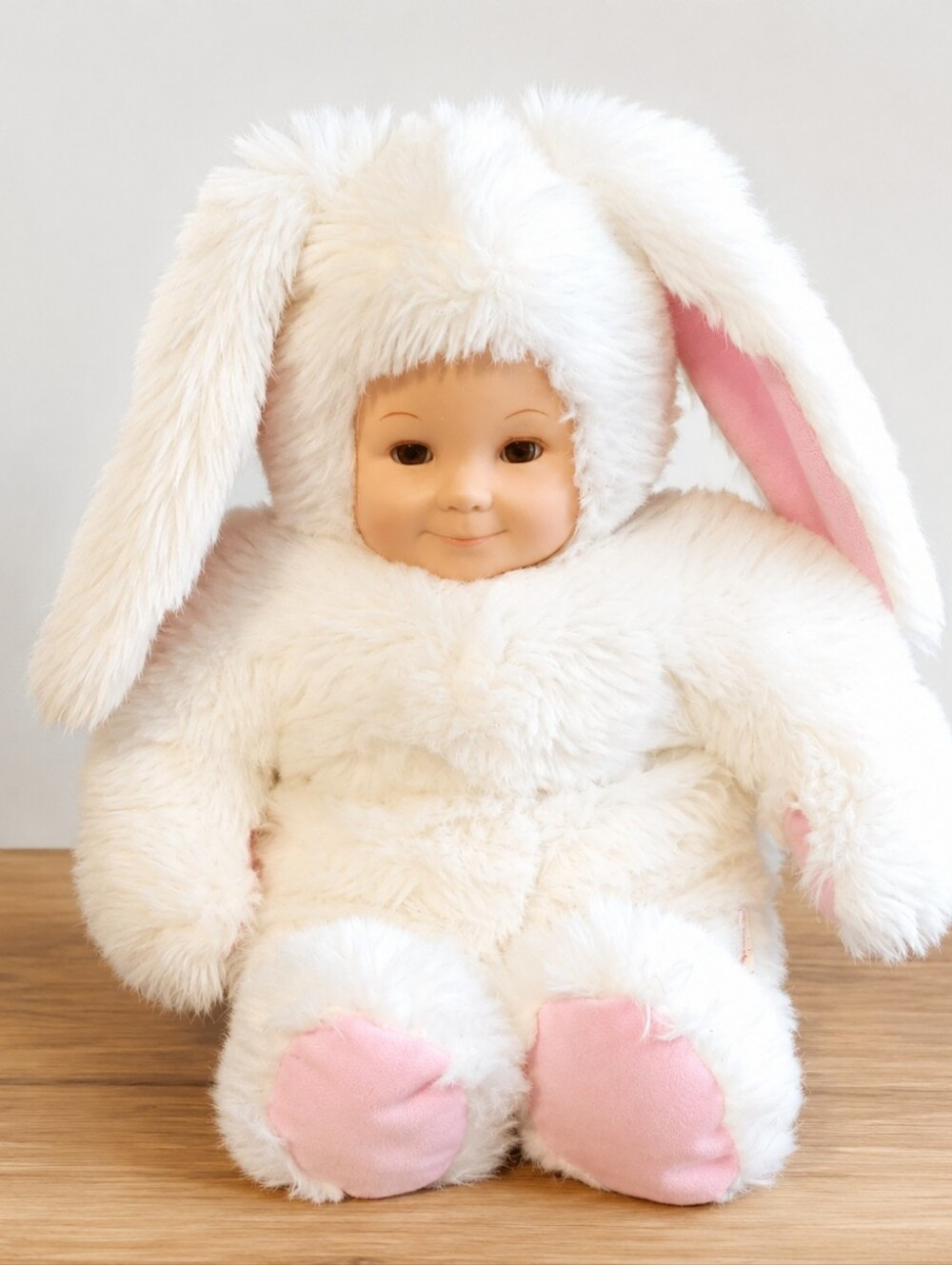Vintage Plush White Bunny Stuffed Animal with Pink Accents - Soft Cuddly Toy